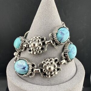Estate Bracelet Silver Faux Turquoise Western Floral 7.5in